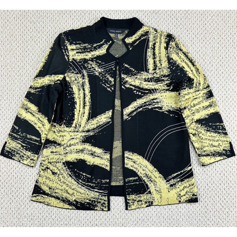 Ming Wang Jacket Womens M Yellow‎ Black Open Front 3/4 Sleeve Knit Sweater